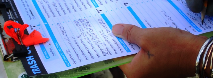 Volunteer recording data from a coastal cleanup. 